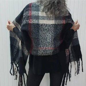 Black, White, Gray, Cream with Burgundy Accent Stripe Soft Scarf w/Fringe